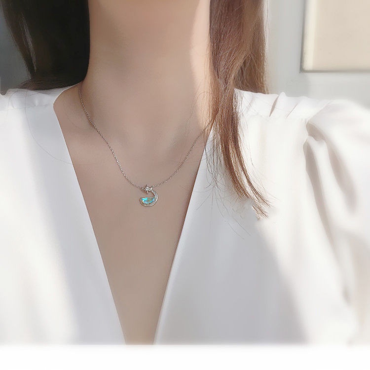 Kalung Rantai Klavikula Pendek Liontin Bulan Bintang Kristal Zircon Bahan 925 Silver Gaya Korea Untuk Wanita