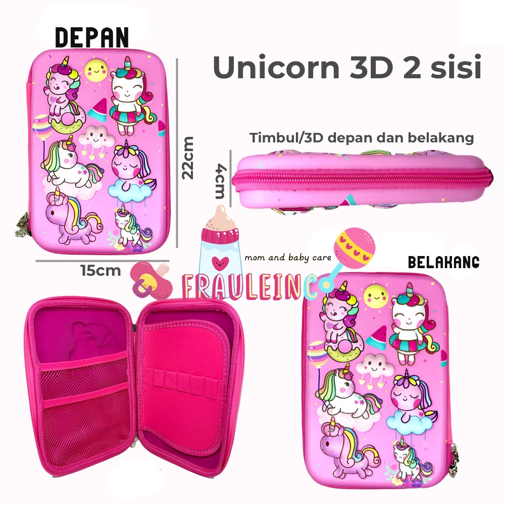 *FRAULEINCO* GROSIR Pencil Case / kotak pensil EMBOSS 6D Unicorn, Lol, Frozen, Batman, Spiderman-2sisi Unicorn