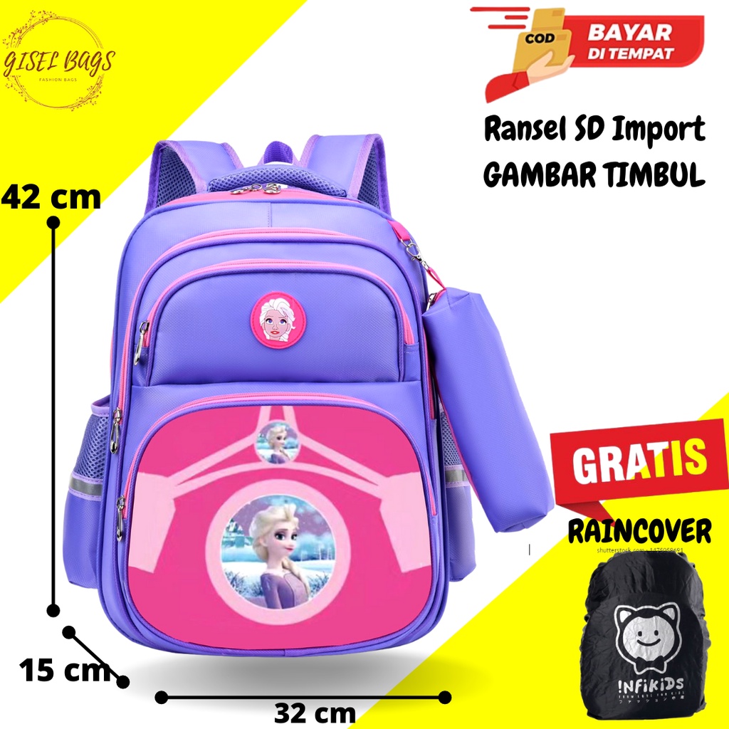 GB Tas sekolah anak perempuan gambar timbul ransel anak import bahan tebal ransel anak sekolah