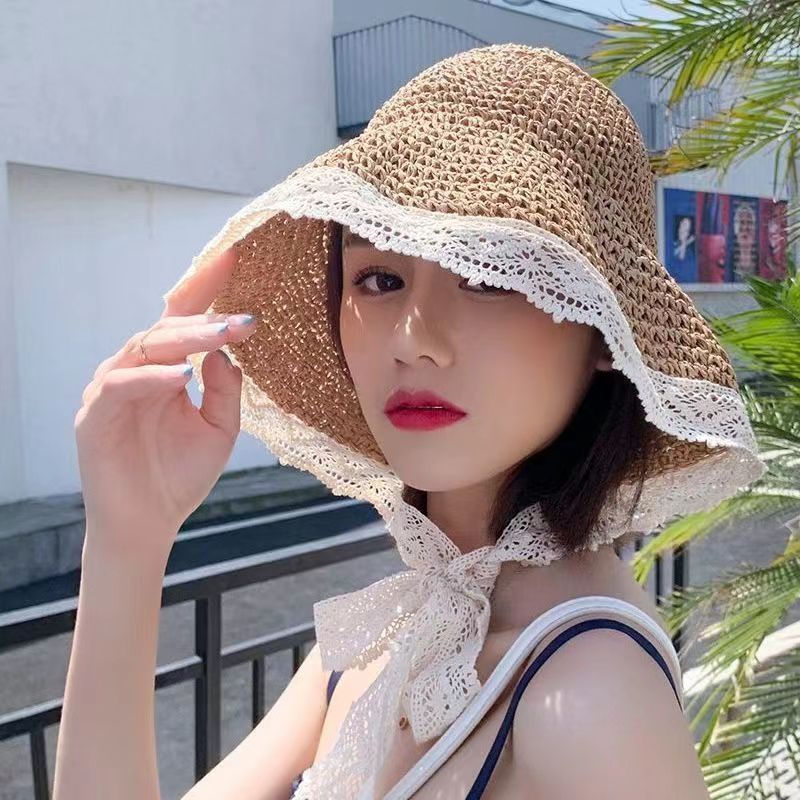 Topi Pantai Model Nelayan Bahan Jerami Aksen Renda Gaya Korea Untuk Wanita