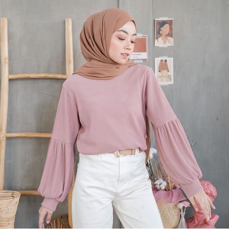 Blouse Lengan Balon Bahan RIB Premium