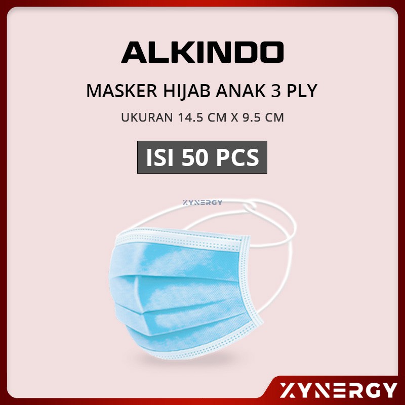 Masker Alkindo 3ply Anak Hijab Isi 50 Masker Sekali Pakai 3 Ply Non Medis