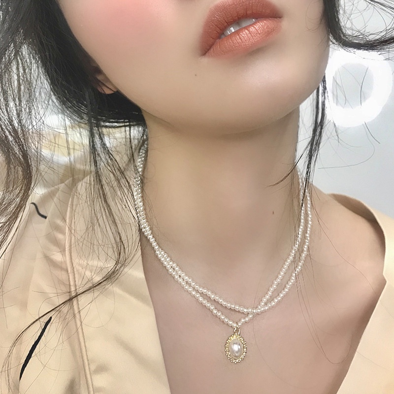 Roselife Retro Double Layer Baroque Pearl Beaded Oval Pearl Pendant Kalung Pendek Untuk Wanita Perempuan Pearl Necklace