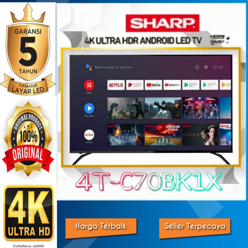 LED TV SHARP AQUOS 70 inch 4T-C70BK1X Android 9.0 UHD 4K Garansi Resmi 5 Tahun