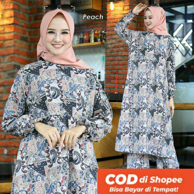 baju setelan celana dan tunik motif cantik/setcel Busui/setcel jumbo/bahan maxmara Lux premium impor