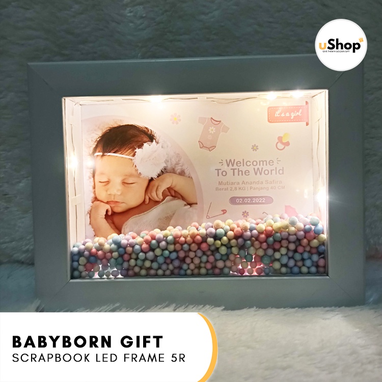 Kado Lahiran Anak Baby Born Scrapbook LED Frame 5R Kado Bayi Hamper Bayi