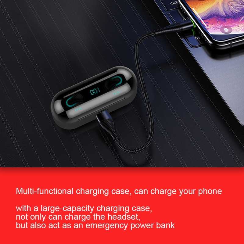 (100% BARANG ORI)  Earphone True Bluetooth 5.0 Powerbank Charging Dock - Q32