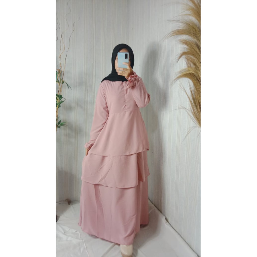 Gamis wardah maulida 3 susun umpak canda undak rempel wolfis woolpeach kancing syari wanita baju