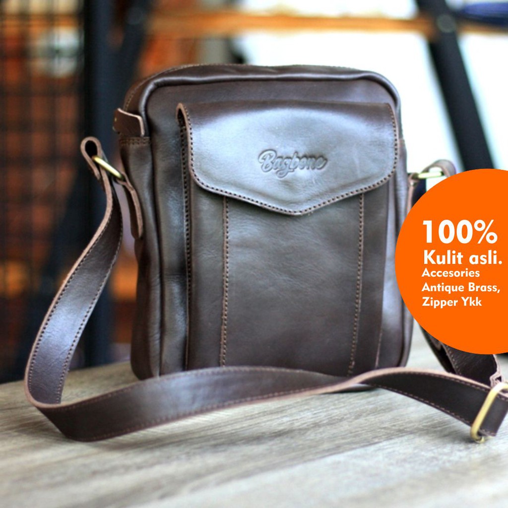 Bagbone Leather ROODMAN Tas selempang mini kulit sapi full grain warna Coklat Tua | Sling bag pria m