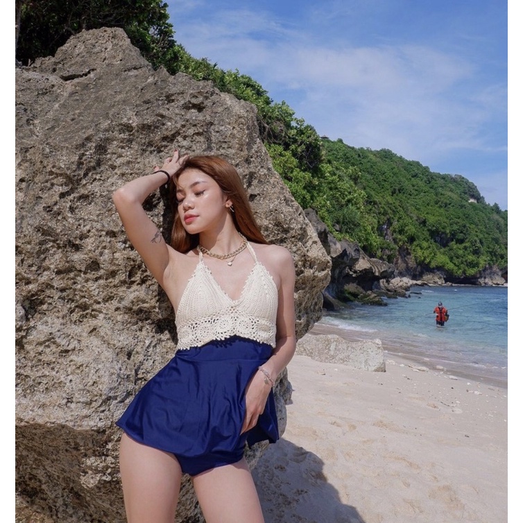 New Setelan Baju Renang Trvel Pantai Moana Bikini Swimsuit Swimwear Baju Renang Wanita biru krem put