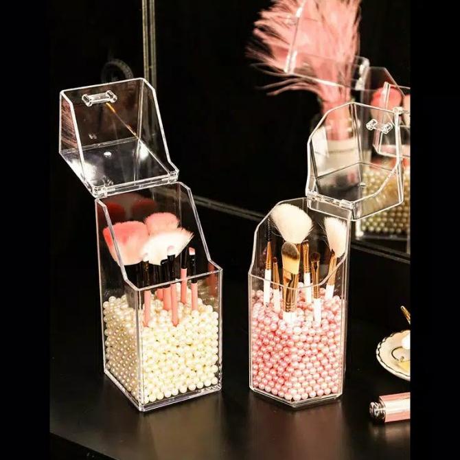 Kotak Brush Acrylic + Mutiara / tempat kuas make up serbaguna akrilik