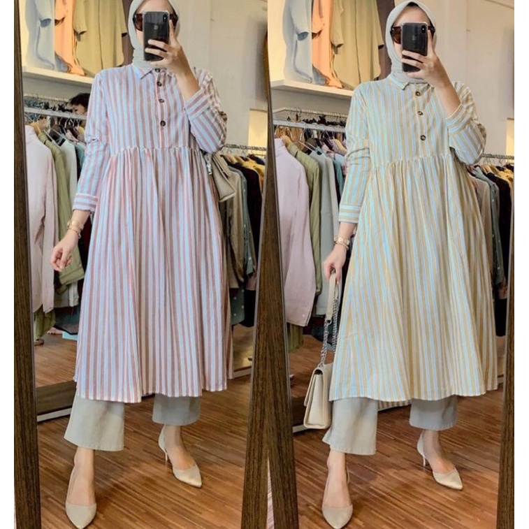 LYRA SALUR TUNIK / MOTIF GARIS / TUNIK SIMPLE MOTIF SALUR / TUNIK KANCING / TUNIK WANITA / ATASAN