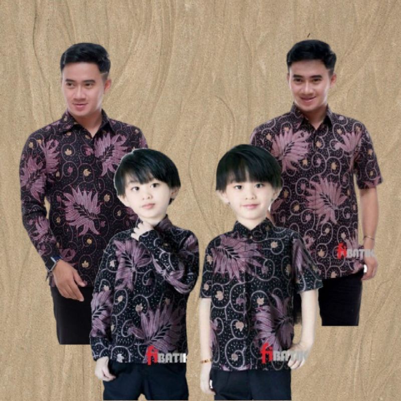 Baju Batik Couple Anak &amp; Ayah Kemeja Hem Batik Pria Lengan Panjang &amp; Pendek Motif Petir Marun