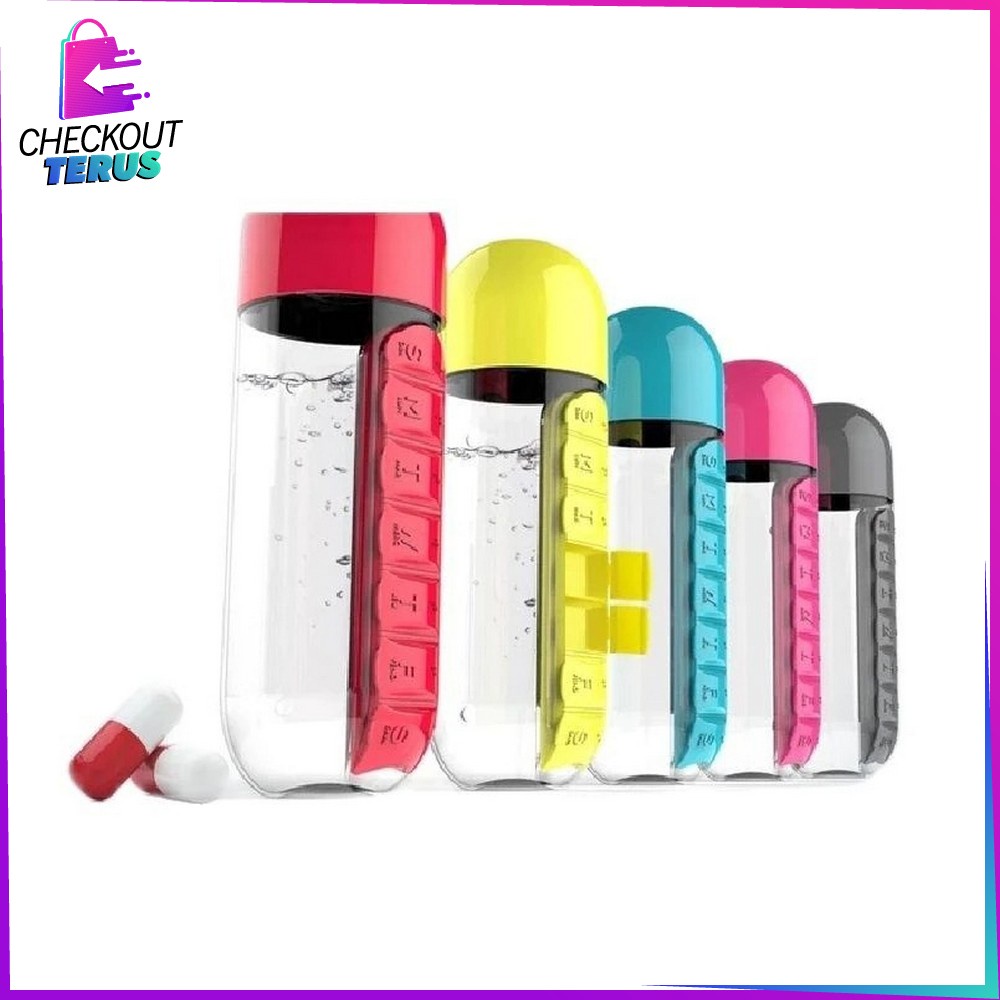 CT C313 Botol Minum 600ML Botol Minum 2 IN 1 Tempat Air Minum Botol Kotak Obat Harian Bottle Water Tumbler Outdoor