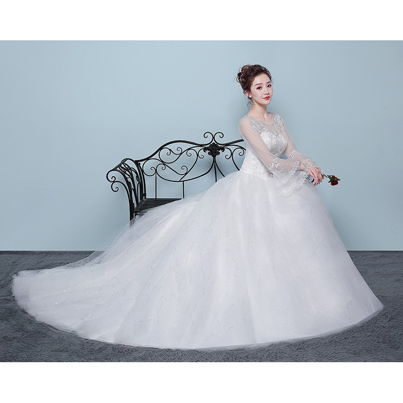 065 White Long Sleeve Long Tail Lace Long Tail Wedding Dress Bridal Gown