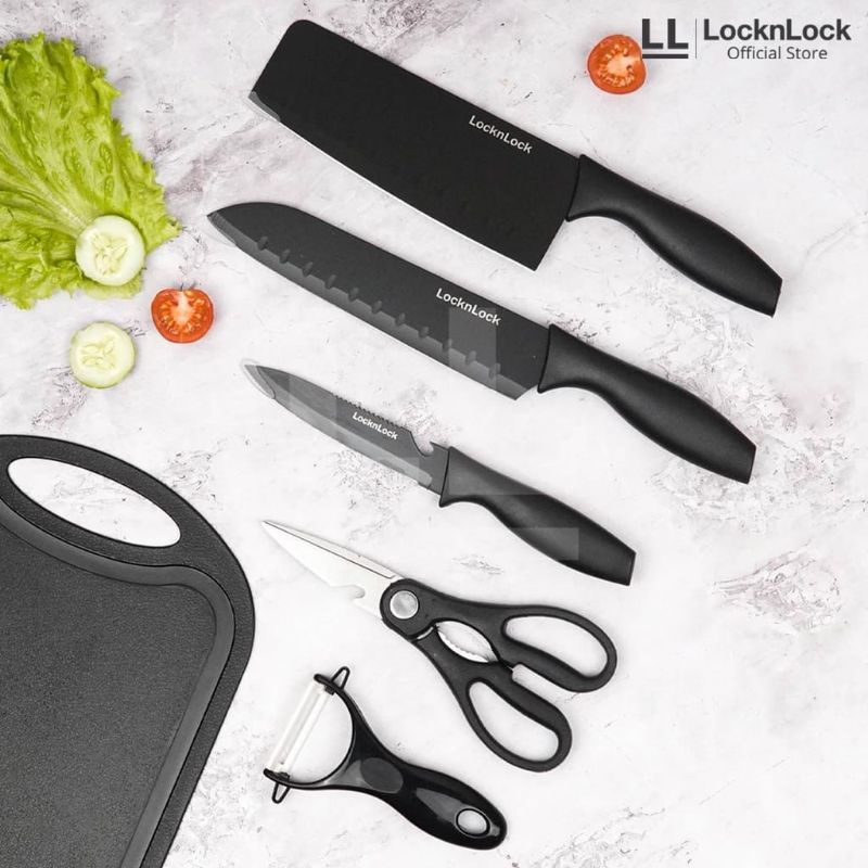 KITCHEN KNIFE SET LOCKNLOCK KITCHENWARE LOCK N LOCK TERBARU 7 IN 1 (100% ORIGINAL LOCK N LOCK) BLACK