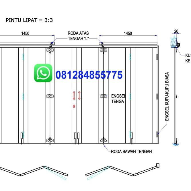 Rel Pintu Lipat 6 Daun 3-3 Merk Wina Tipe W300 Pakai Roda L