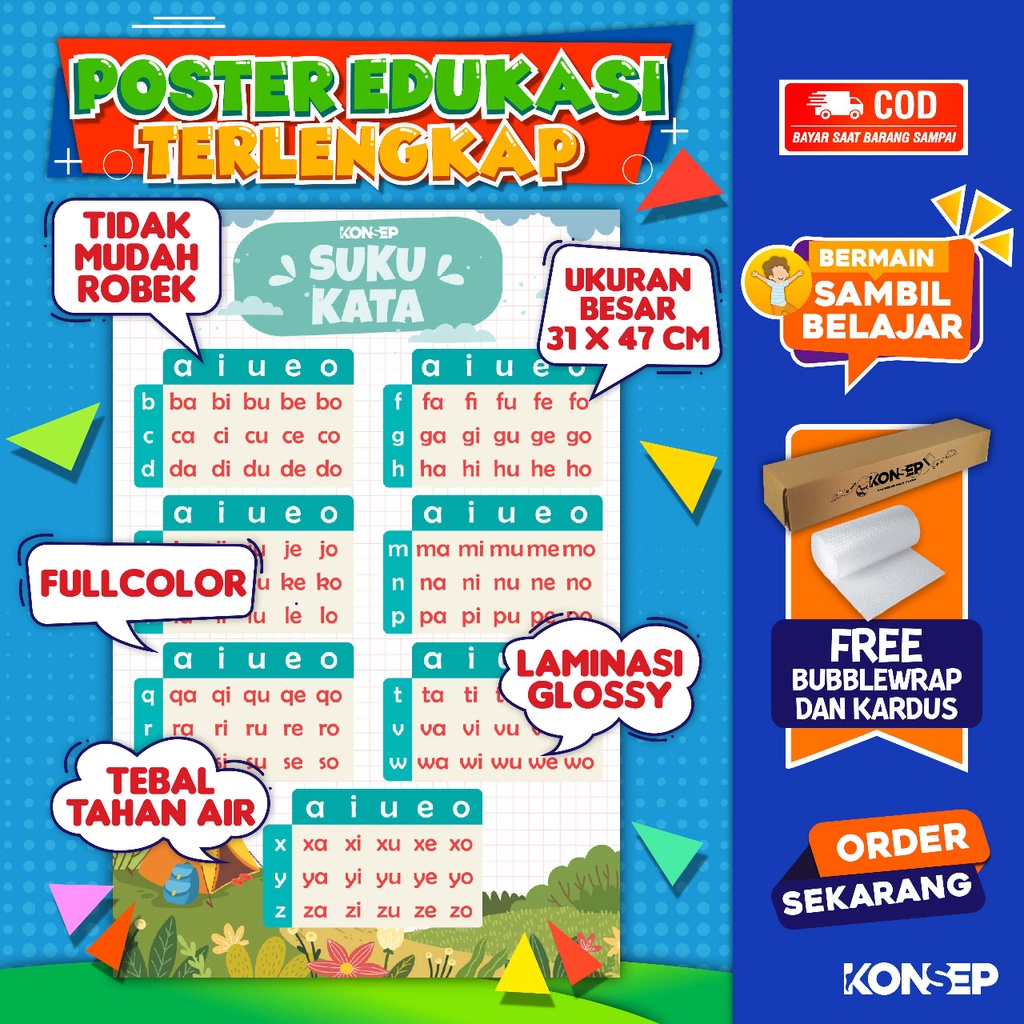 Konsep Poster Edukasi Pendidikan Anak Belajar Suku Kata Paud Balita TK Toodler SD Laminasi Glossy Tahan Air