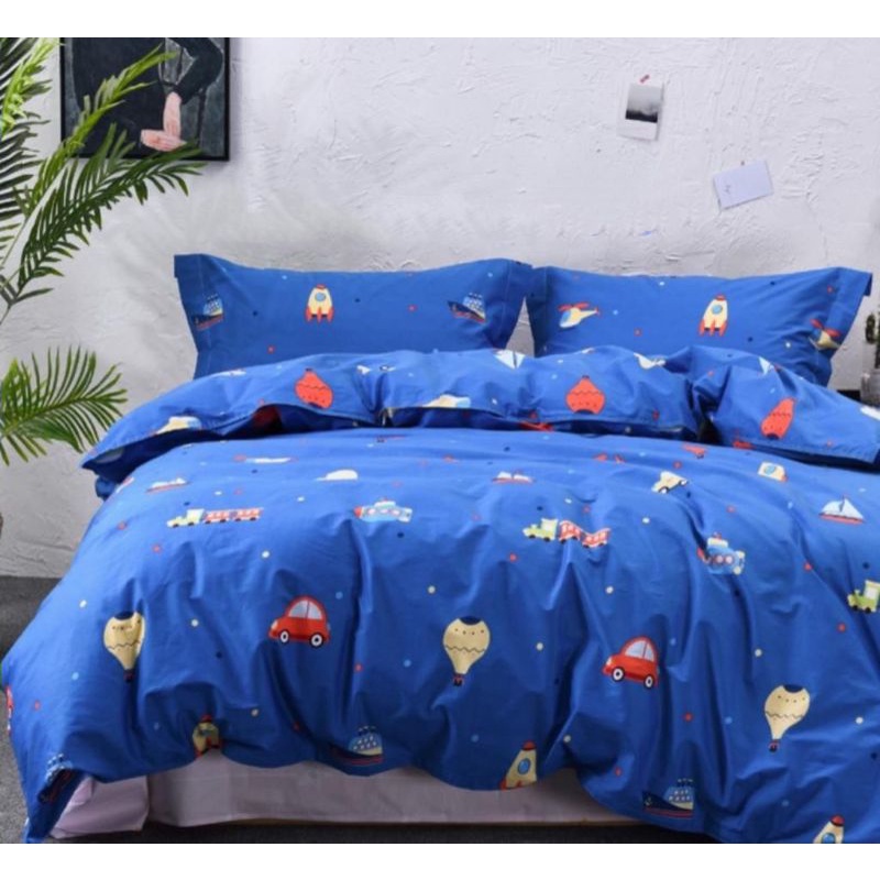 JC04 BLUE TRANSPORT Bahan Kain Sprei Meteran Katun Jepang Asli Import Motif Anak
