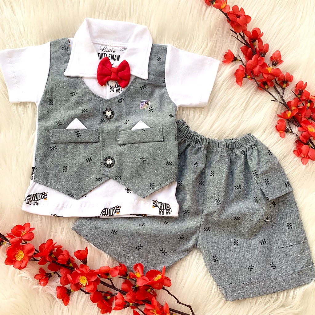 Baju setelan kemeja rompi celana motif pergi lucu bestseller fashion anak bayi laki cowok murah -zeb