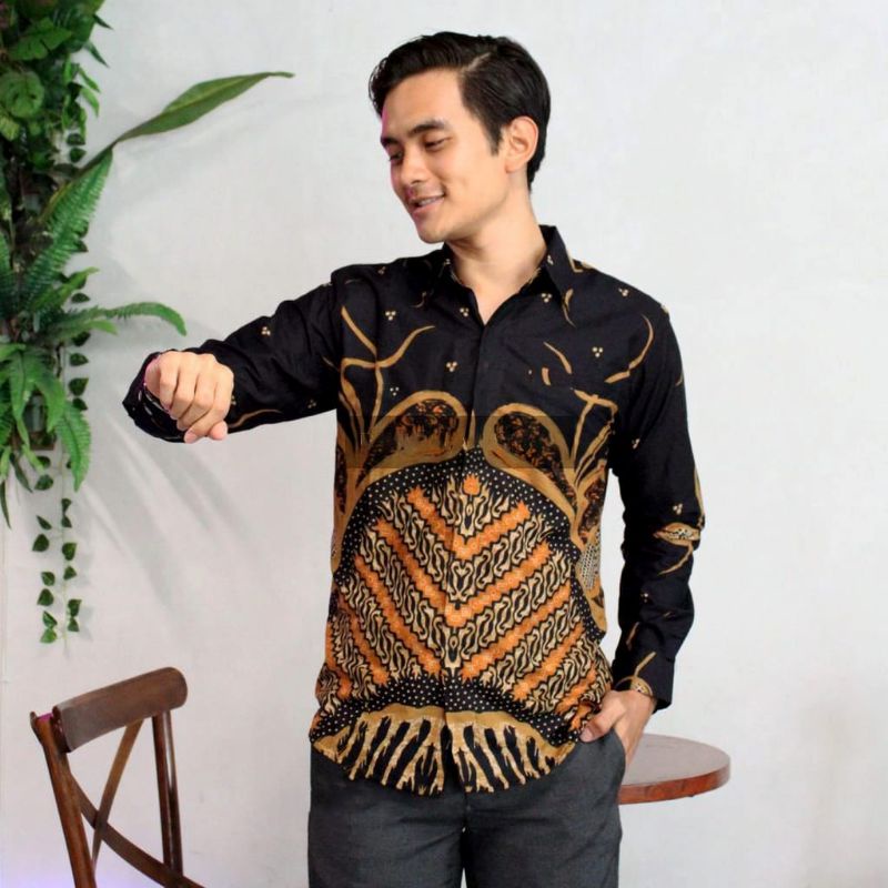 BARU ATASAN PRIA KEMEJA BATIK LENGAN PANJANG LAPIS FURING KATUN WARDHANA HITAM