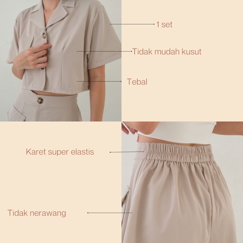 Eunji Set / Pakaian Casual Wanita / Kemeja Polos Wanita / Atasan Casual / Kemeja Lengan Pendek / Collar Shirt / Setelan Wanita / Crop Top Shirt