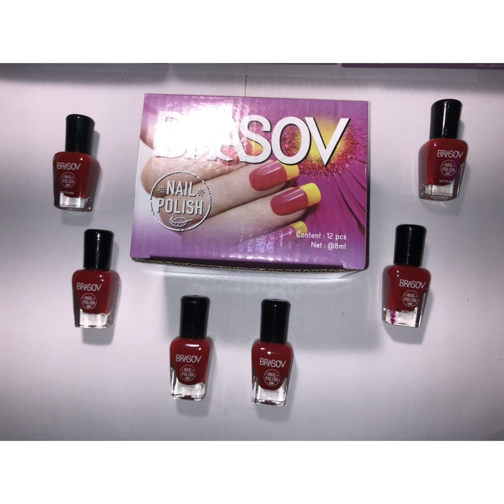 [1 BOX ISI 12 Pcs ] Brasov Kutek Nail Polish Warna Merah Putih Hitam Maroon 8 ML BPOM Halal Wanita