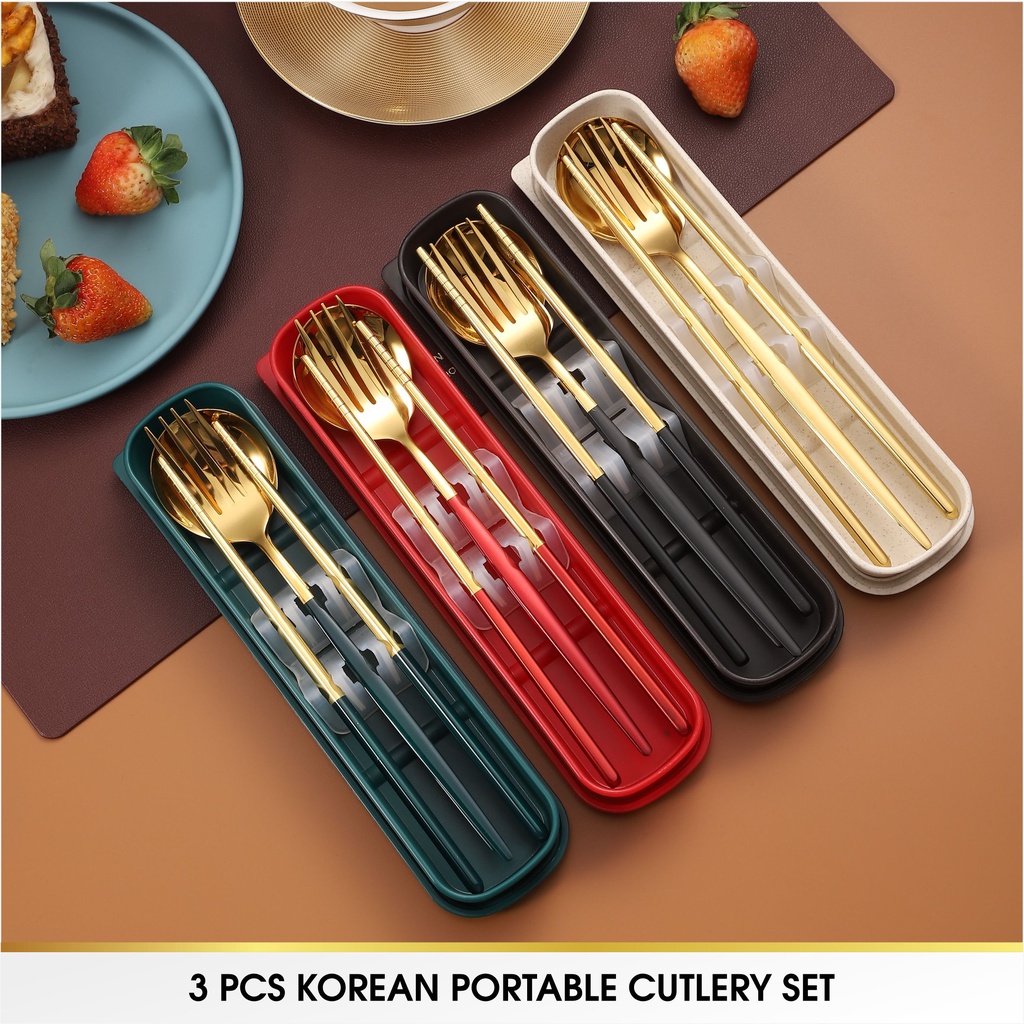 3 Pcs Set Sendok Alat Makan Cutlery Korea Garpu Sumpit Set Box Stainless Steel Travel Silver Gold Peralatan Makan Korea