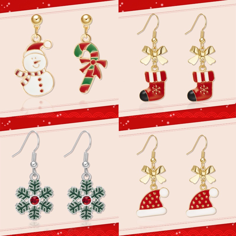 Anting Kait Gantung Asimetris Desain snowflake Natal Untuk Wanita