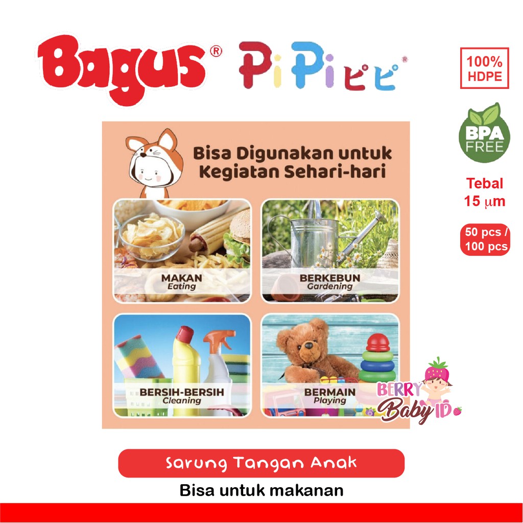 Bagus Pipi Sarung Tangan Anak Kids Plastic Gloves BPA Free 15µ Berry Mart