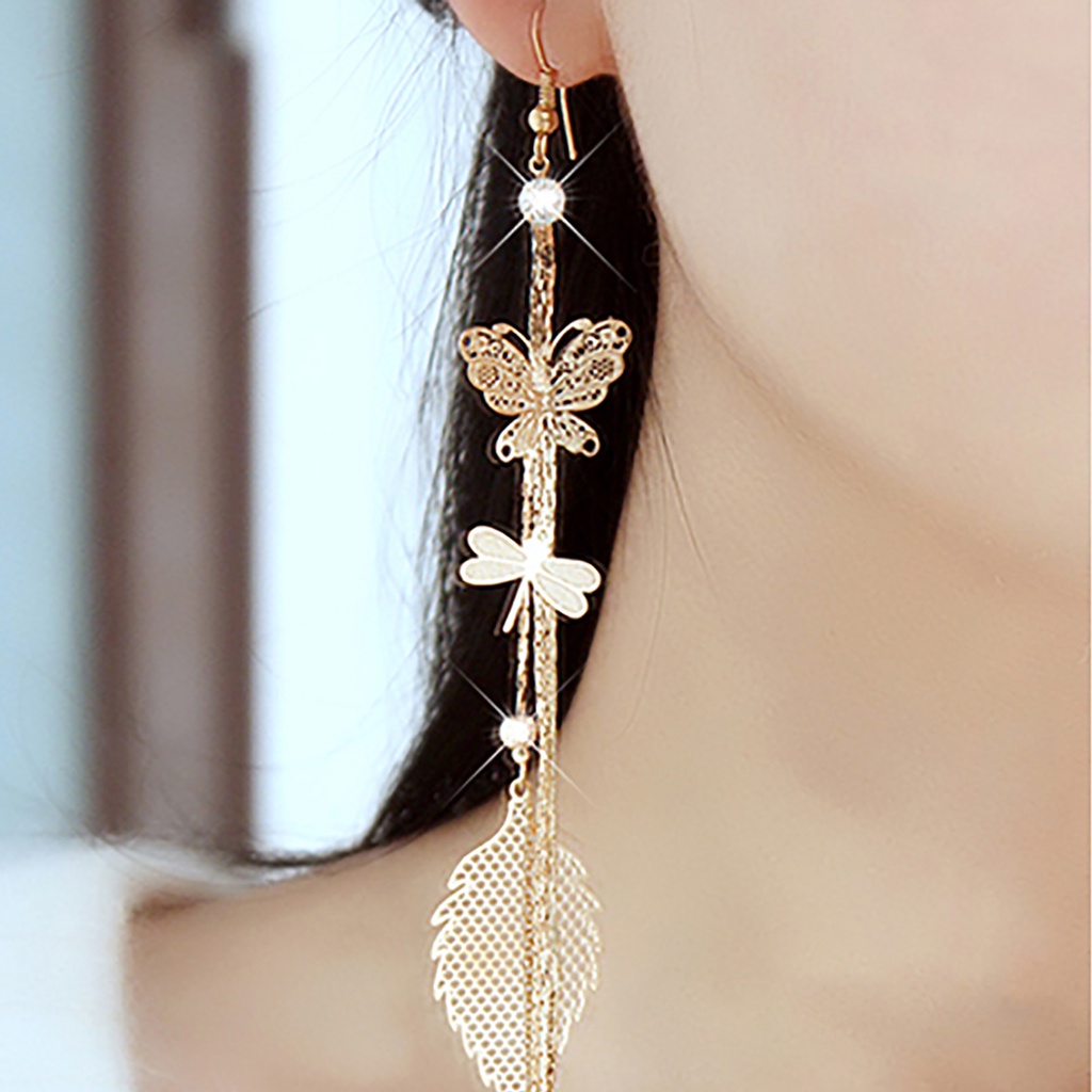 Hu Hu Hu Hu Hu Alat Bantu Pasang Kacamata♡ 1 Pasang Anting Rantai Rumbai Desain Butterfly Dragonfly Leaf Linear Aksen Berlian Imitasi Untuk Wanita