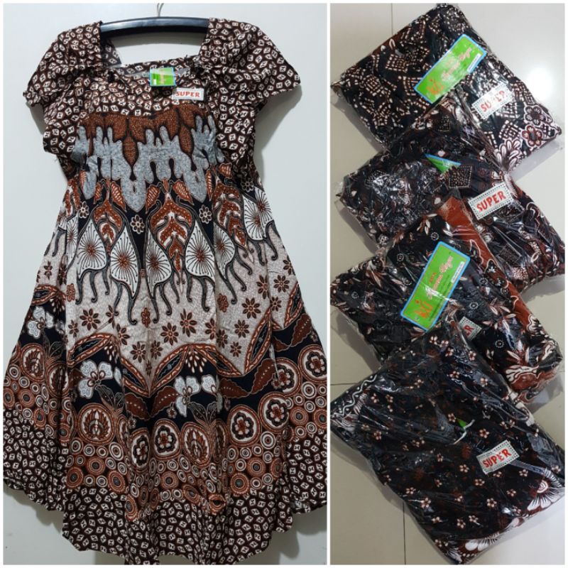 YULI - DASTER KLOK BATIK SEROT DAN LENGAN SUSUN LD 110-125 CM KENCANA UNGU LEBEL HIJAU KUI