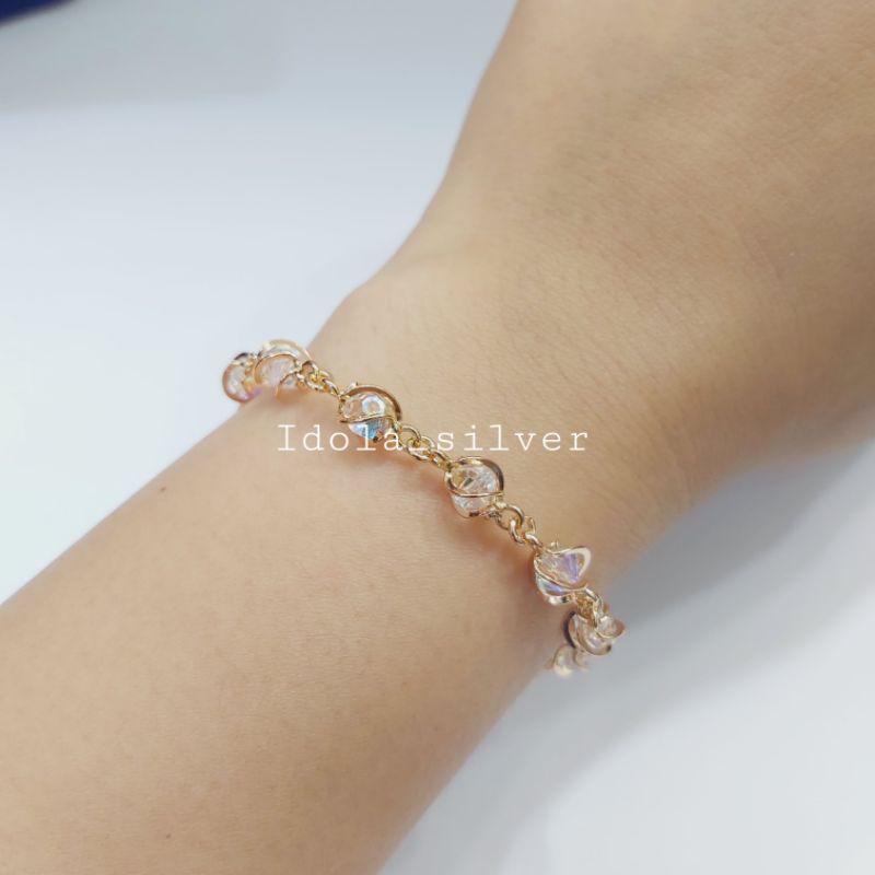 GELANG PERAK ASLI SILVER 925 LAPIS EMAS MODEL BOLA KRISTAL SANGKAR - PERHIASAN PERAK WANITA
