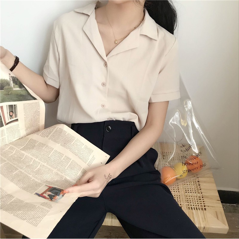 Yang baru Korea Retro Warna solid Kemeja lengan pendek sifon