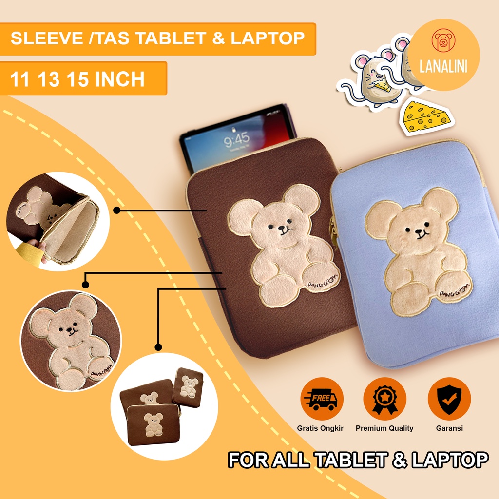 Sleeve Pouch Sarung Tas Bag Case Ipad Tab Tablet Macbook Air Pro Laptop Asus Acer Lenovo HP Huawei 11 12 13 14 15 inch Motif Gambar Mouse Tikus Warna Biru Coklat Lucu Cute Murah Korean Model