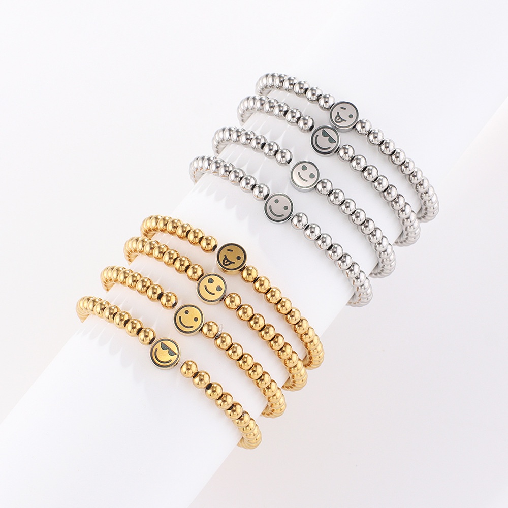 Gelang Manik-Manik Bahan Stainless Steel Motif Smiley Face Gaya Jepang Untuk Wanita