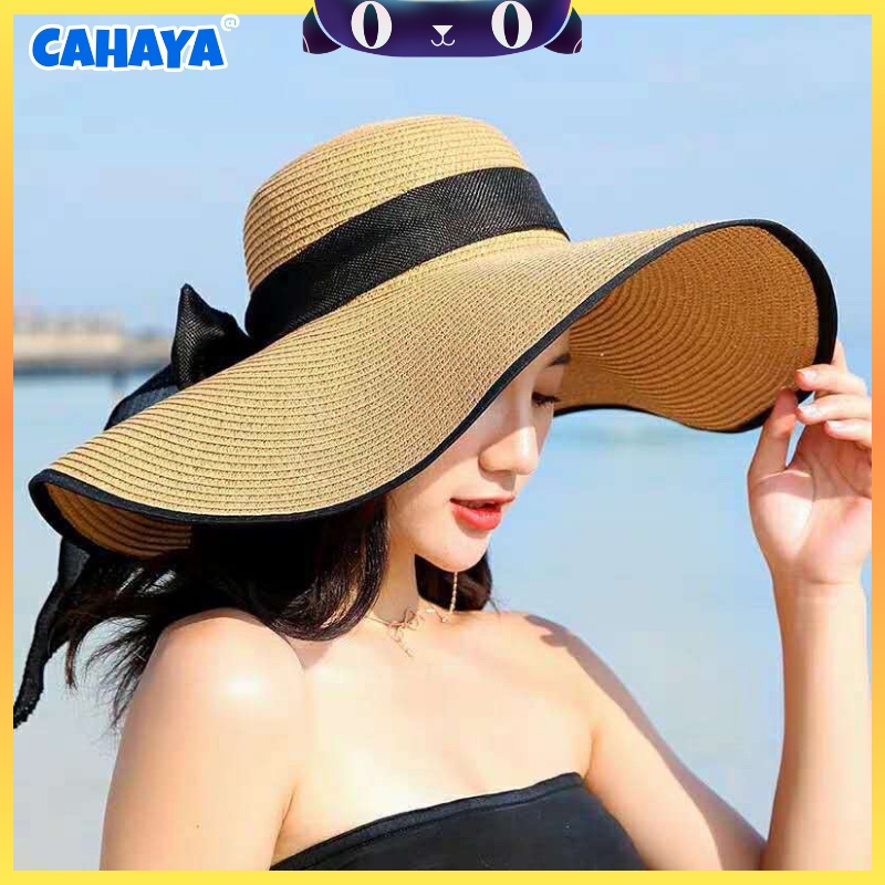 Topi Pantai Lebar Bahan Raffia Premium List Hitam / Topi Pantai Lebar / Topi Pantai lipat CAHAYA T92