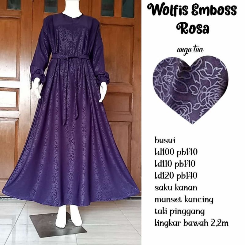 gamis syari wolfis embos motif-ungu tua rosa