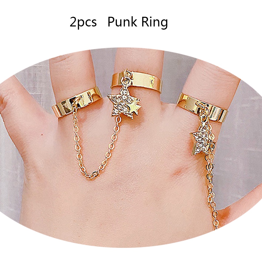 2pcs / set Cincin Rantai Liontin Bintang Model Terbuka Gaya Punk Untuk Wanita