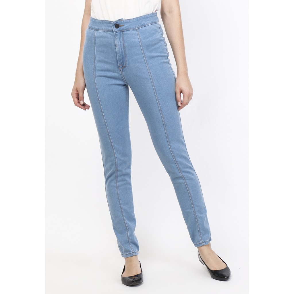 Dazina Highwaist Tulang Front Line Jeans Celana HW Ice Blue Wanita