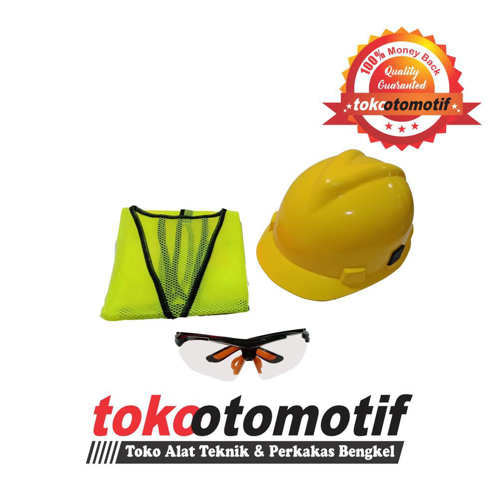 Paket Safety Rompi Jaring Hijau, Helm Safety Putar Kuning Dan Kacamata