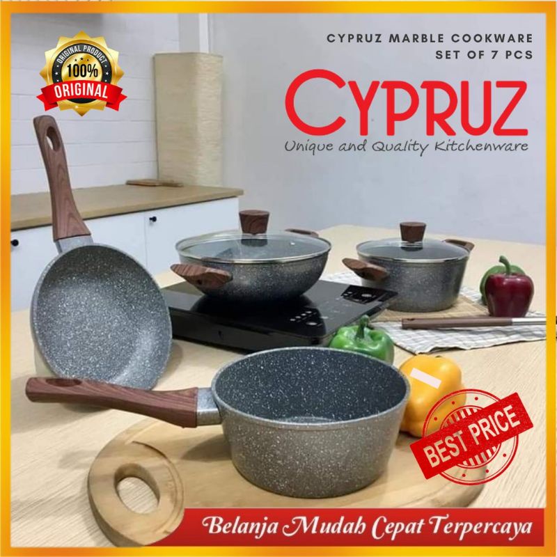 Cypruz Panci Anti Lengket Tanpa Minyak Frying pan Marble Cookware set 7 pcs