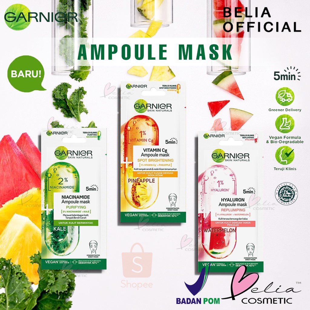 ❤ BELIA ❤ GARNIER 5min Ampoule Mask Hyaluron  | Vitamin Cg | Niacinamide | Sheet Mask | BPOM