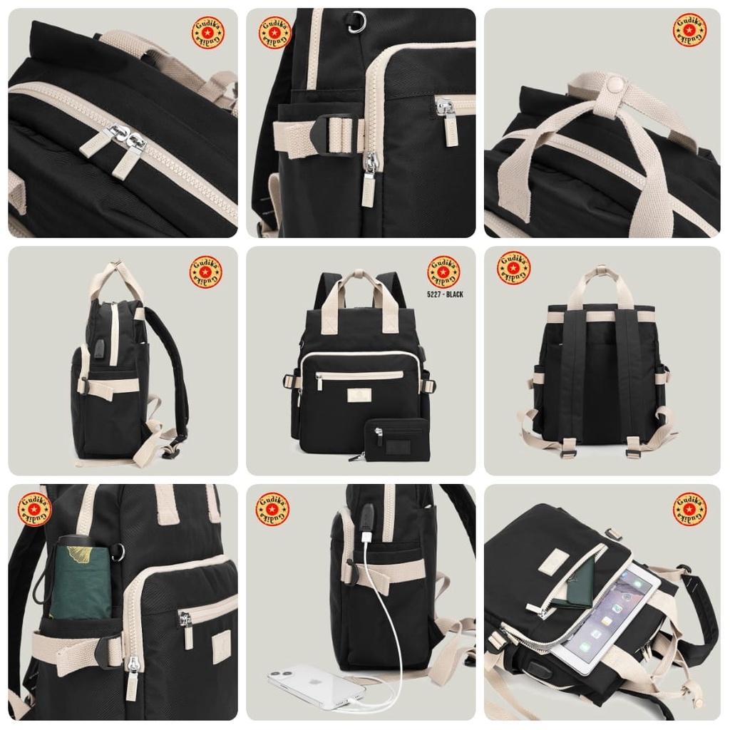 Gudika Bag 5227 USB Free Dompet - Tas Ransel Besar Backpack Laptop Sekolah Anti Air Korean Style Kekinian Terlaris - Tas Wanita Import Terbaru