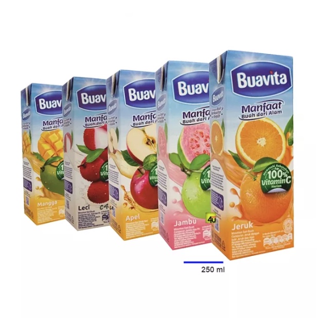 

Buavita Minuman Sari Buah [250ml] - Jeruk / Mangga / Lychee / Jambu / Apel