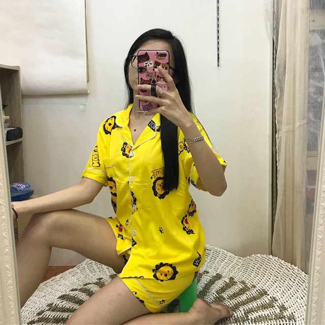 Piyama pdk katun motif lion yellow.pajamas/homewear/sleepwear katunpendek motif lion kuning kekinian