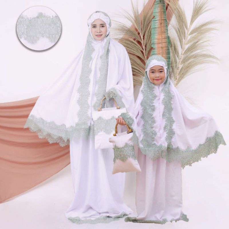 SET COUPLE MUKENA PUTIH KOMBINASI RENDA SETELAN IBU DAN ANAK POTONGAN ATASAN BAWAHAN SERIES