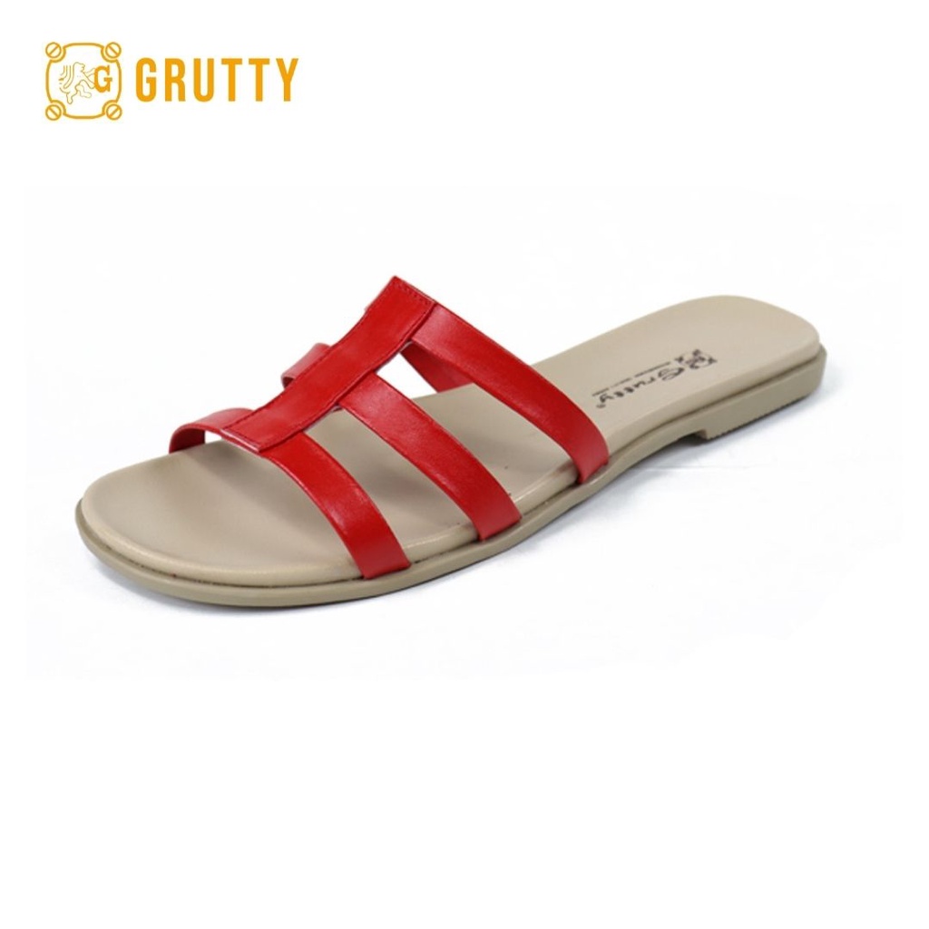 Grutty Flat Sandal Wanita Kulit asli slide sandal teplek Sandal Flat Merah Cream