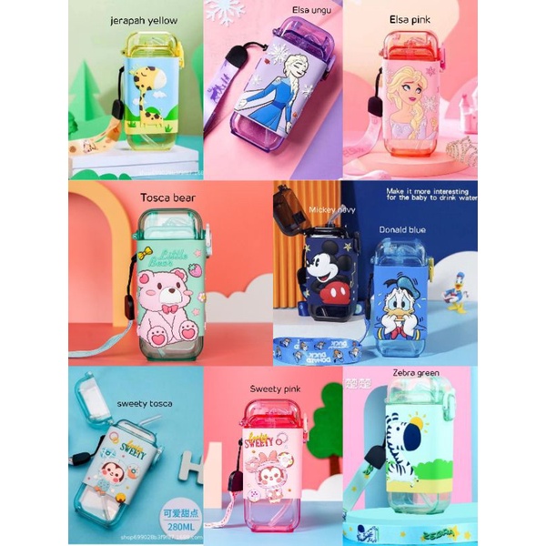 Botol minum anak 280ml dengan sedotan dan tali / bottle with straw