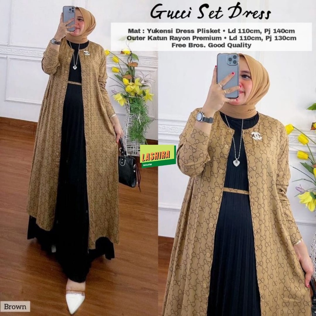 gucci set stelan setelan 1set outer dress dres pakaian baju gamis maxy maxi syari plisket motif ld 1